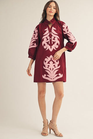 Reagan Applique Dress in Maroon