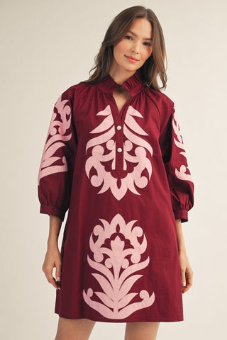 Reagan Applique Dress in Maroon