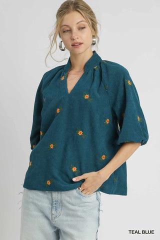 Cora Embroidered Corduroy Teal Top