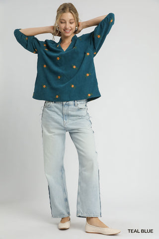 Cora Embroidered Corduroy Teal Top