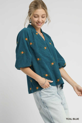 Cora Embroidered Corduroy Teal Top