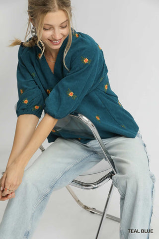 Cora Embroidered Corduroy Teal Top