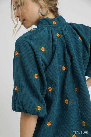 Cora Embroidered Corduroy Teal Top