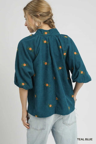 Cora Embroidered Corduroy Teal Top