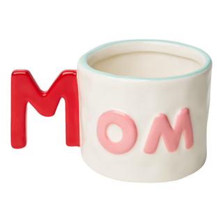 Ceramic mug with 'MOM' letters on a white background