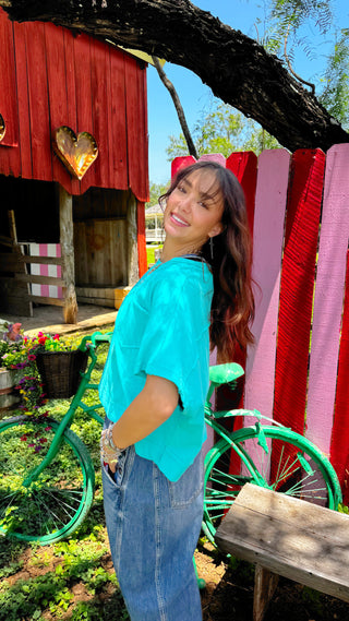 Dana Boxy Pocket Tee in Turquoise