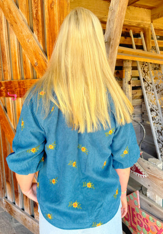 Cora Embroidered Corduroy Teal Top