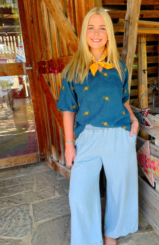 Cora Embroidered Corduroy Teal Top