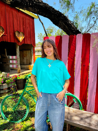 Dana Boxy Pocket Tee in Turquoise