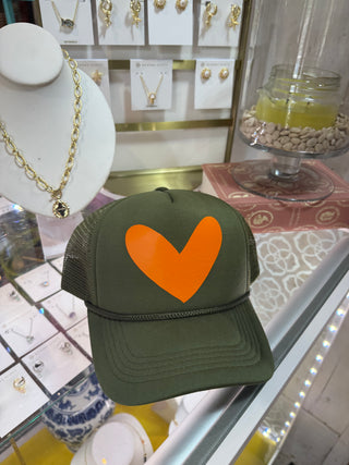 BYH heart Trucker Hat Olive green & Orange