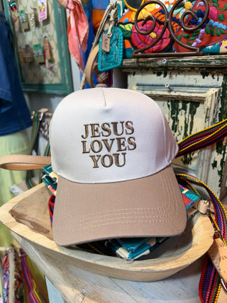 Two Tone Hat Jesus Loves You Tan