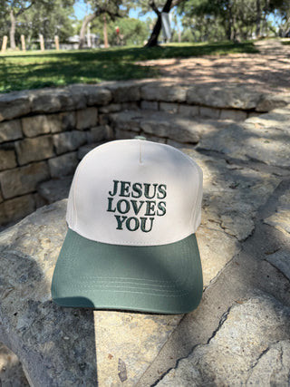 Two Tone Hat Jesus Loves You Green