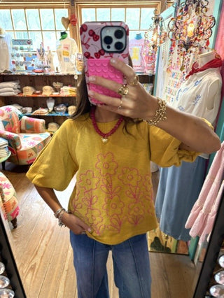 Mustard Crewneck with Floral Embroidery