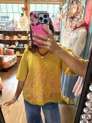 Mustard Crewneck with Floral Embroidery